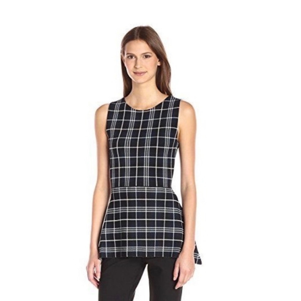 Theory Kalora Lustrate Sleeveless Plaid Peplum Grid Blouse